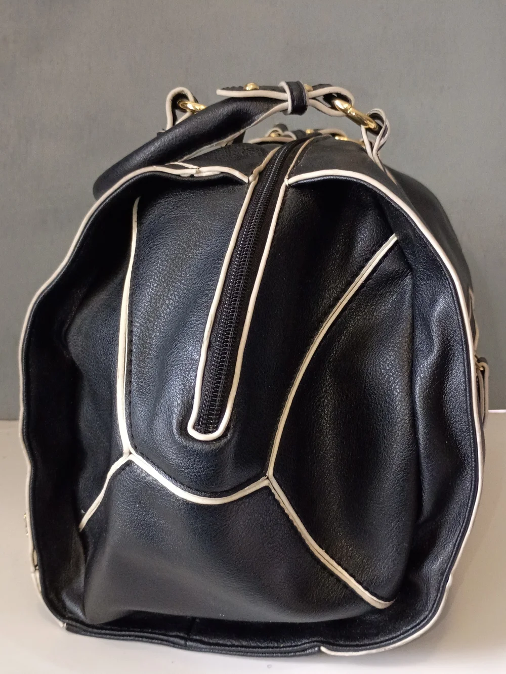 Kardashian Kollection Black Satchel with Cream Trim and Gold Accents